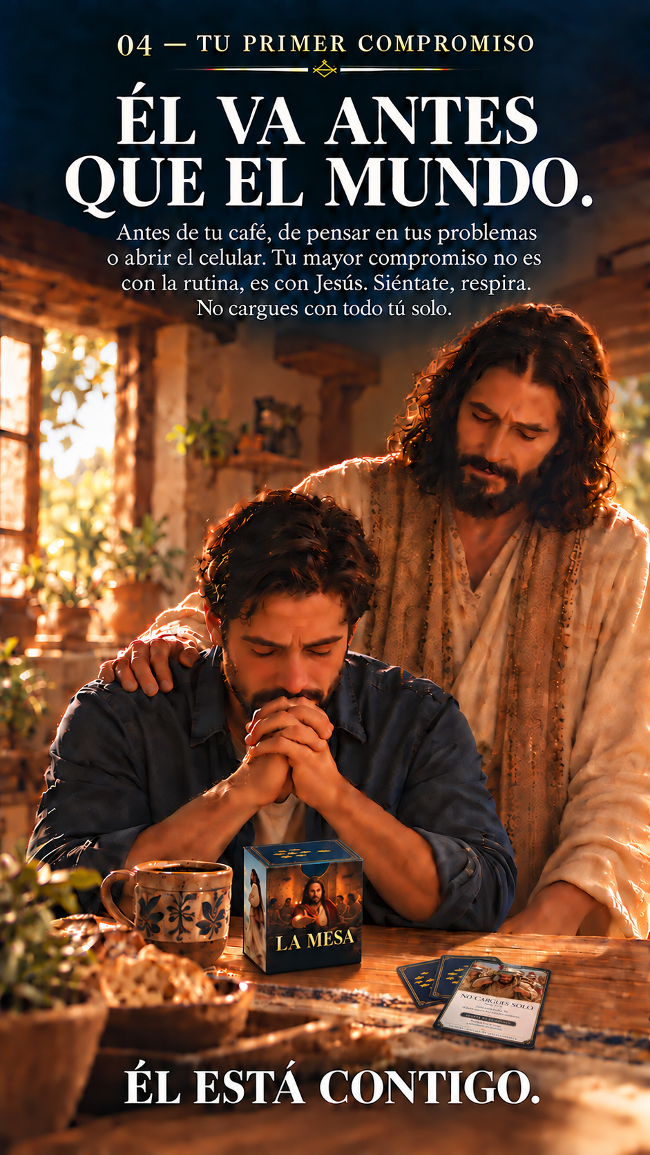 Hombre en oración al amanecer junto a la caja de La Mesa