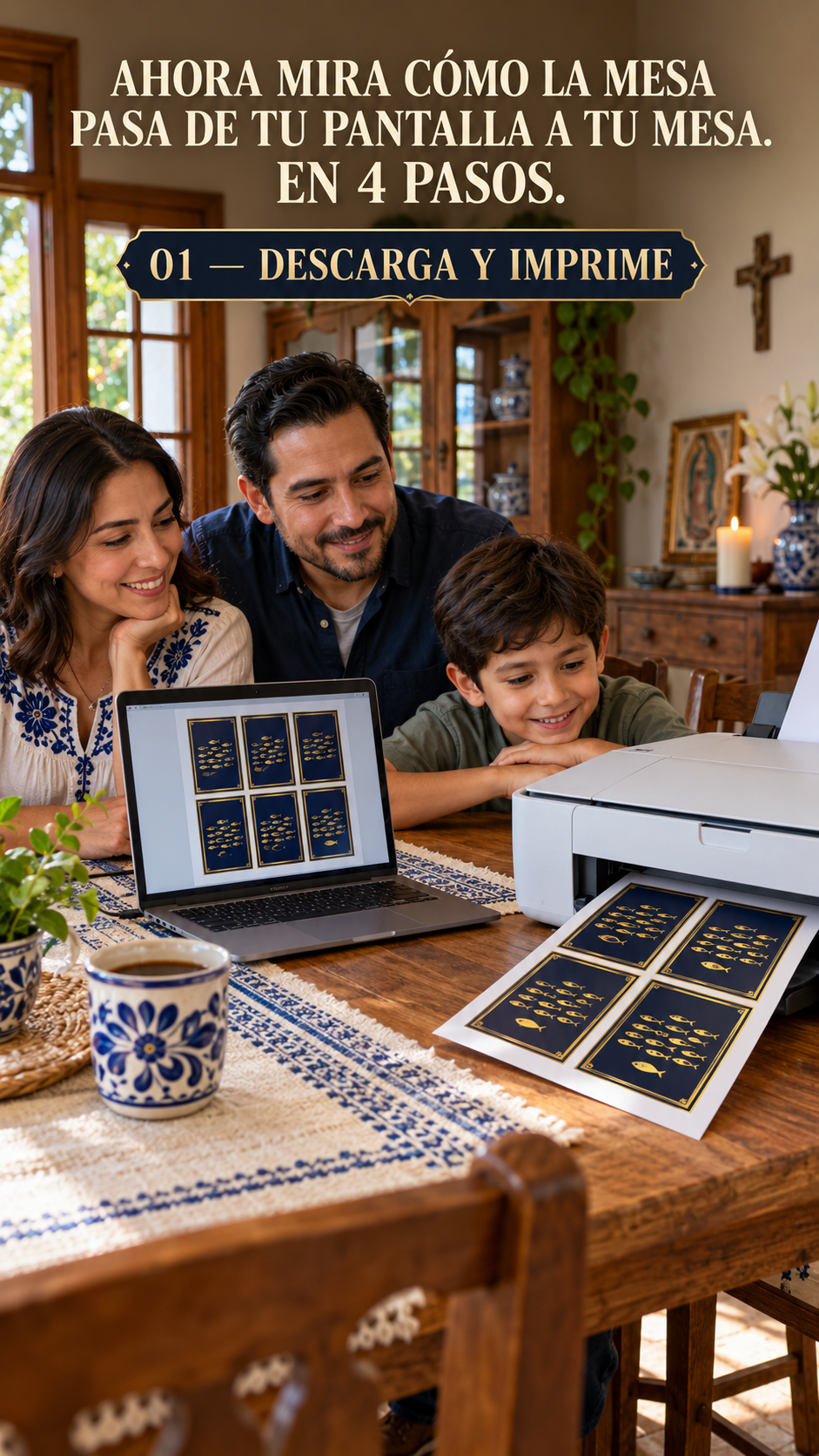 Familia observando los archivos digitales de La Mesa mientras una impresora produce las cartas