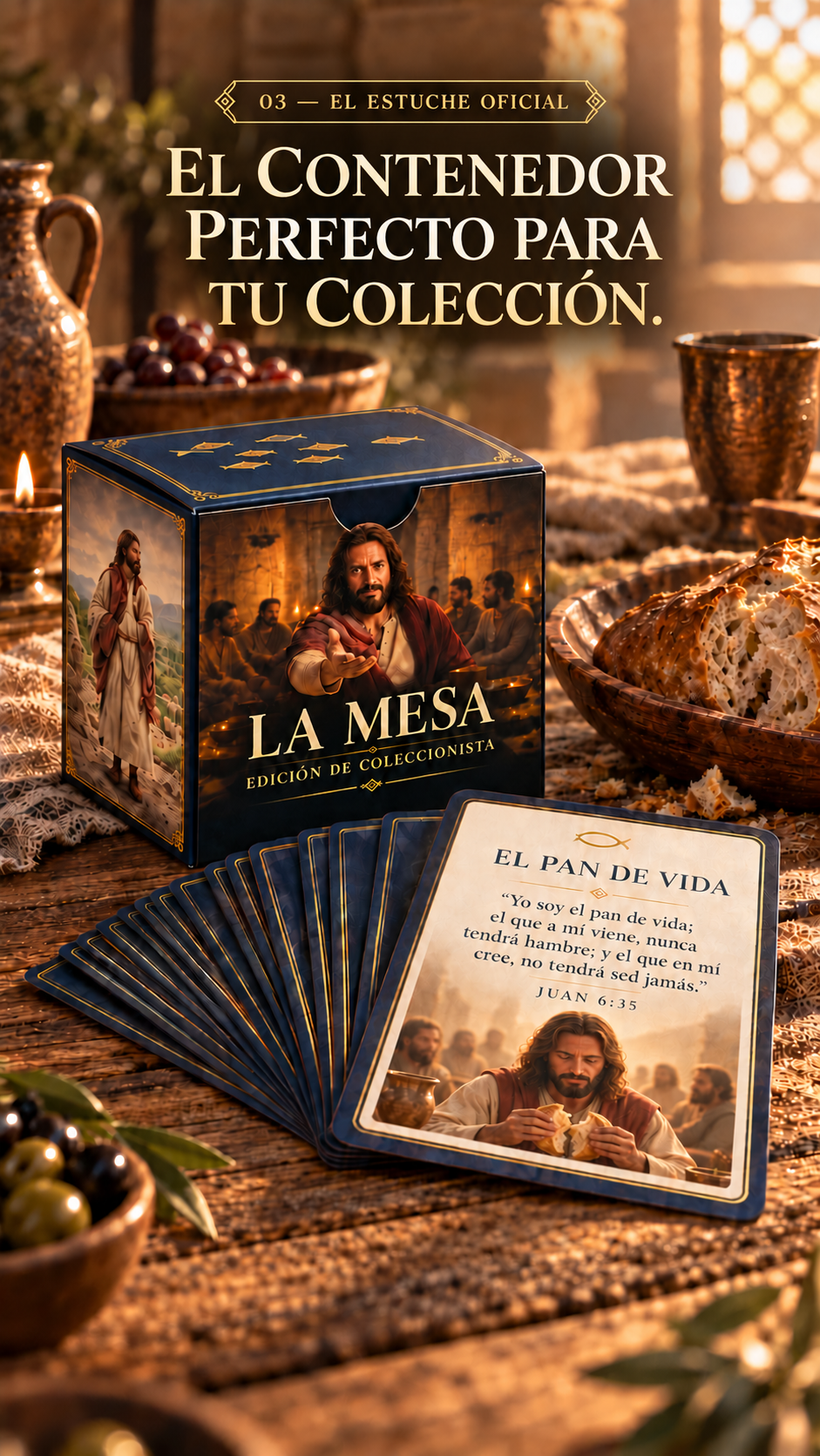 Caja oficial azul marino y dorada de La Mesa con las cartas dispuestas en abanico